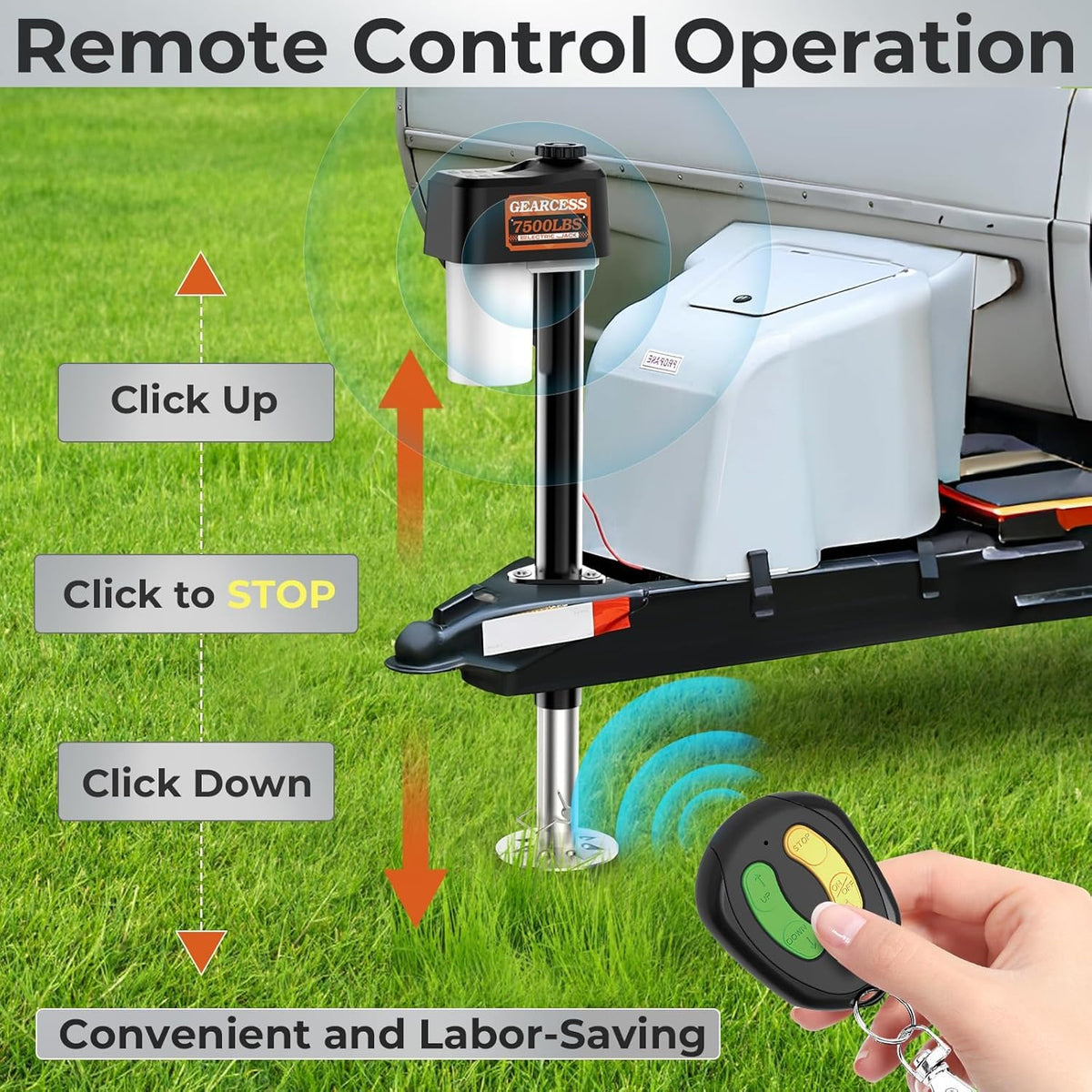 GEARCESS lifestyle shot hooking trailer to RV at night showing easier, safer setup