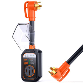 GEARGO front view orange surge protector showing durable housing and quick identification benefit