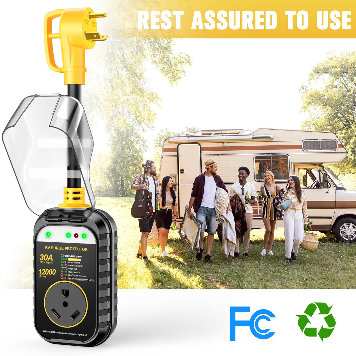 GEARGO unit in use at an RV pedestal protecting electronics and checking outlet wiring