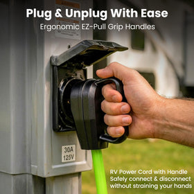 GEARit cord plugged into RV pedestal providing stable shore power at campsite