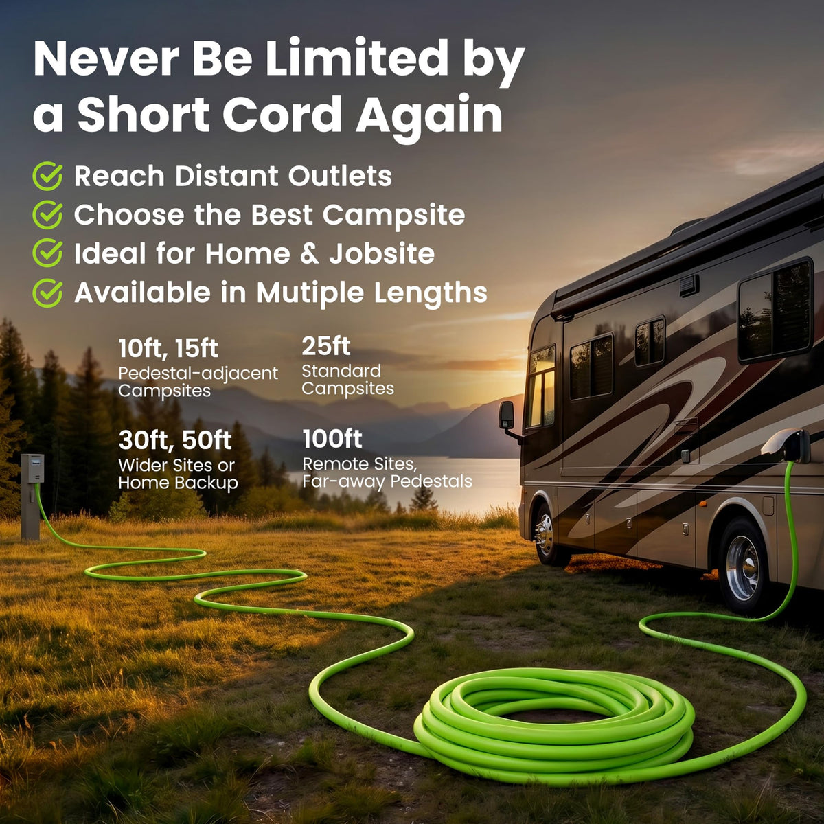 GEARit coiled 100 ft 30 amp cord demonstrating long reach and neat storage