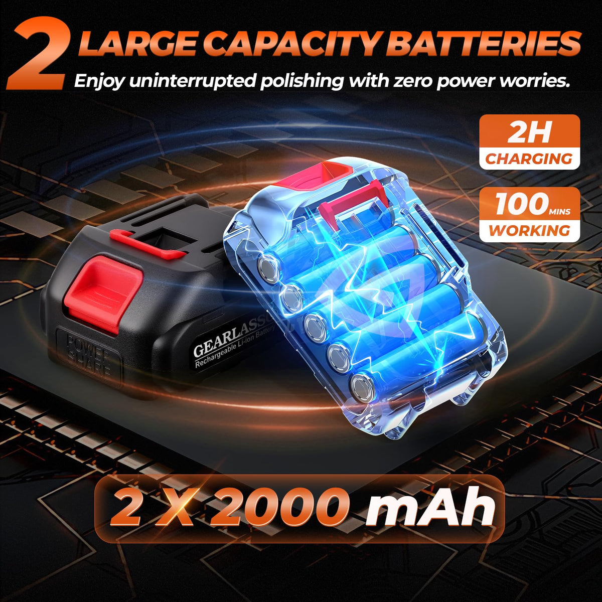 GEARLASSO dual batteries with charger emphasizing nonstop polishing convenience