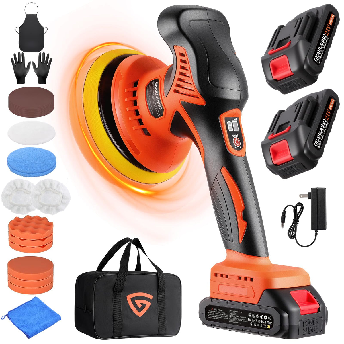 GEARLASSO front view of cordless polisher highlighting compact design and control