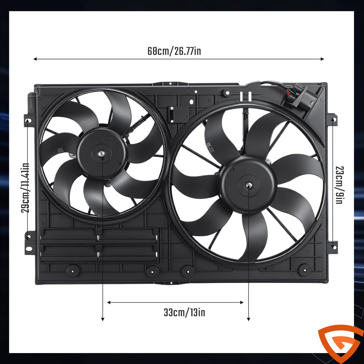 GEARLAST fan assembly next to ruler showing compact size for direct-fit replacement