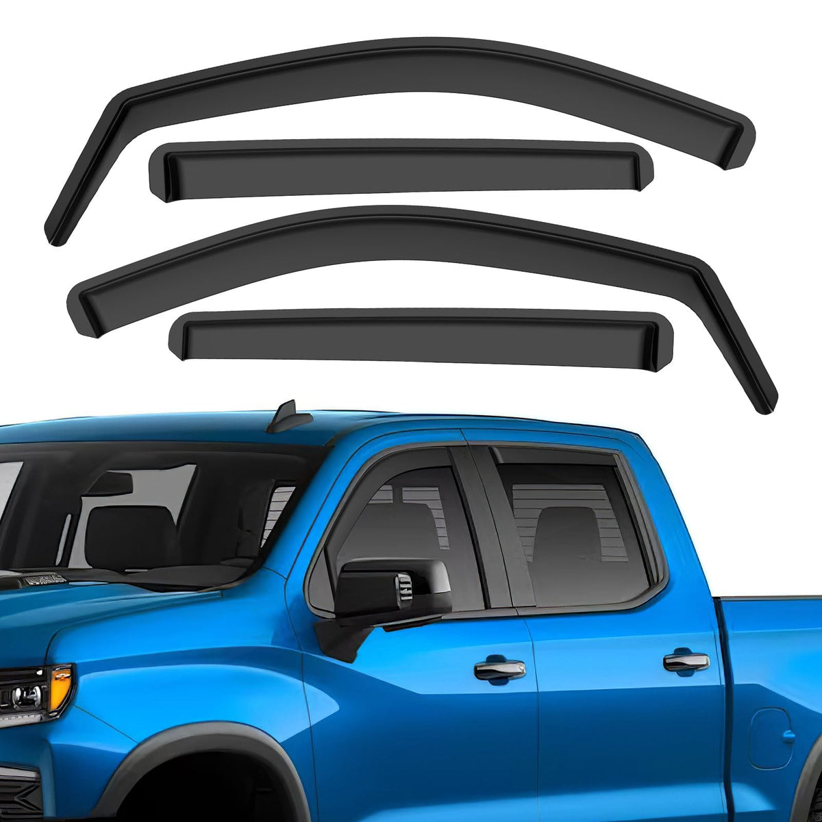 GEARMEISTER front view of packaged rain guards, shows complete kit and benefit of easy install