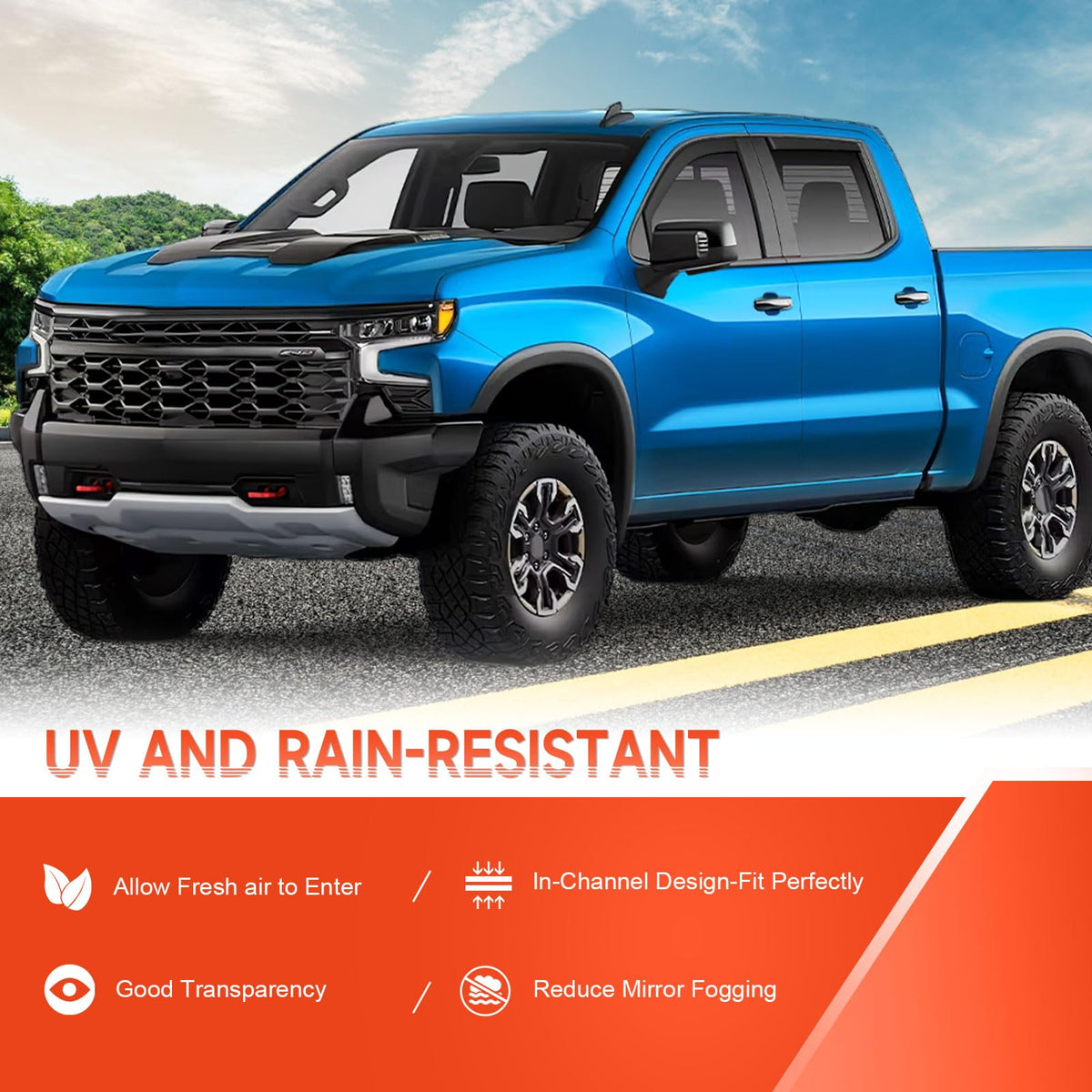 GEARMEISTER on truck with window cracked in rain, enables ventilation without water entry
