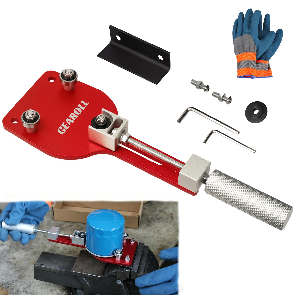GEAROLL 77750 front view showing red cutter and compact footprint, easy storage