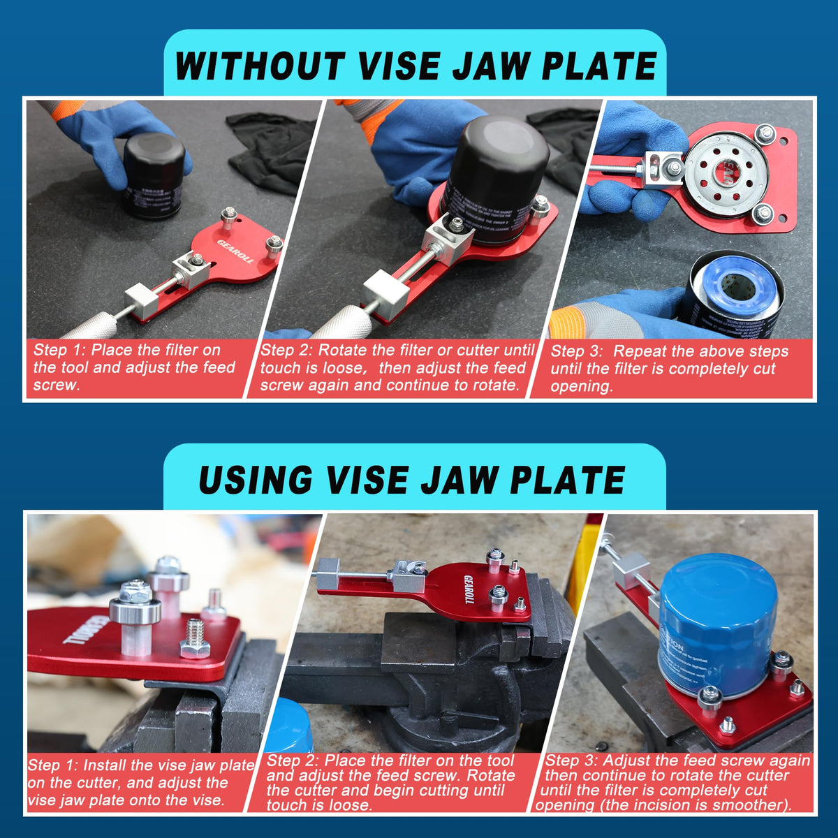 GEAROLL cutter in use slicing an oil filter, cleaner inspection and less mess