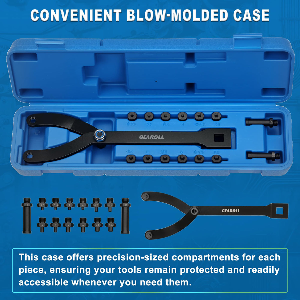 GEAROLL plastic carrying case open with organized slots for fast transport and storage