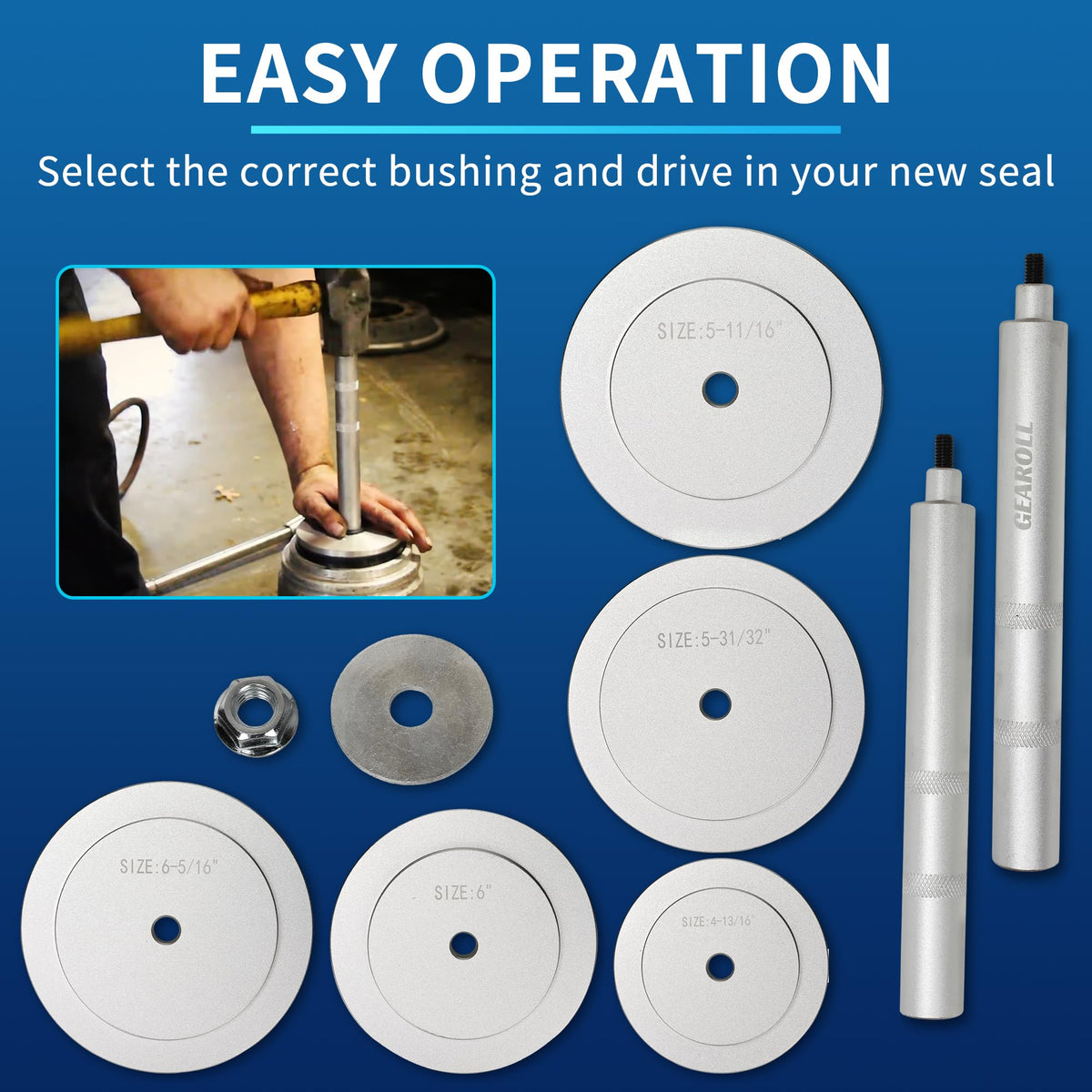 GEAROLL extension handle detail demonstrating added reach for deep-set hub seals