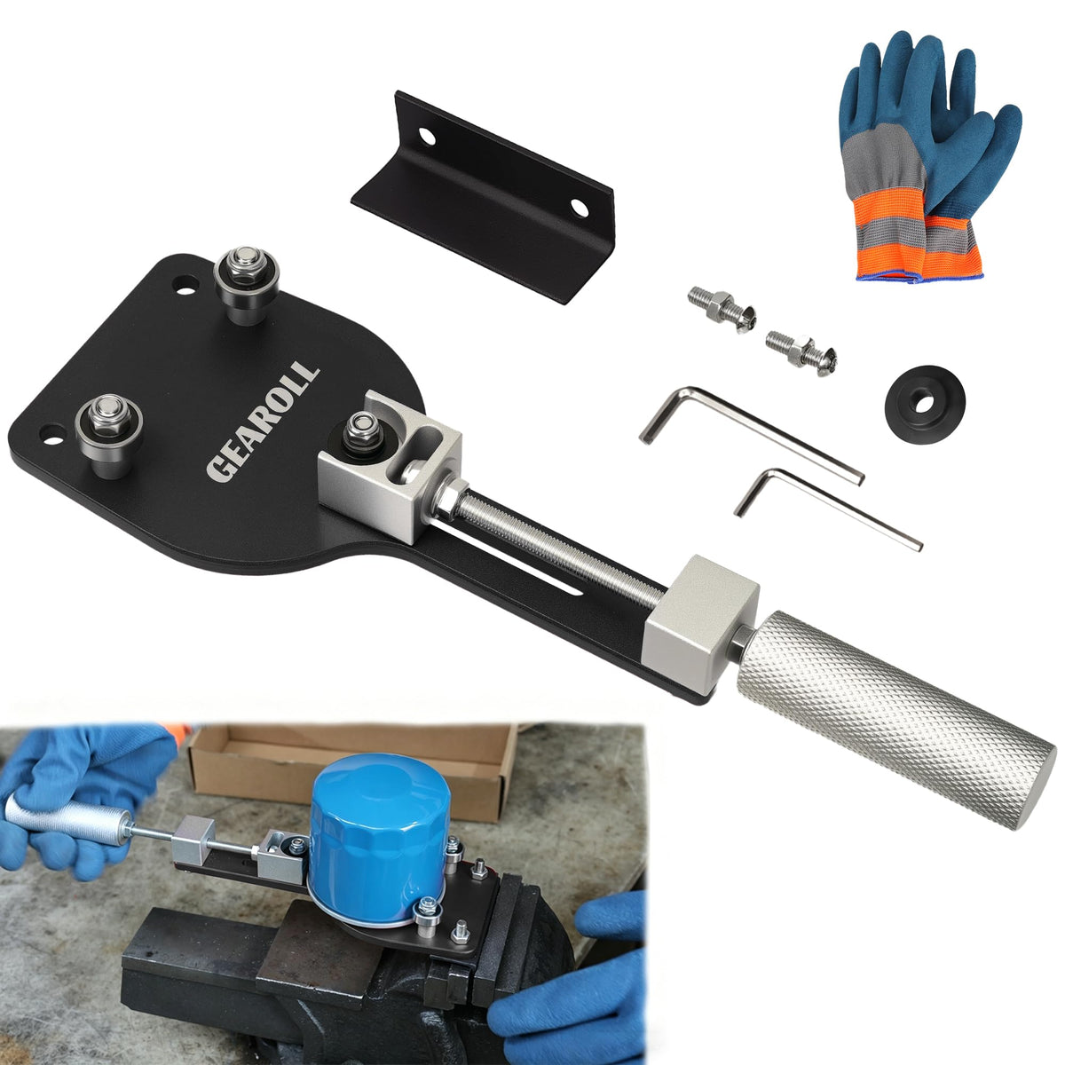 GEAROLL front view of oil filter cutter showing overall tool and benefit of compact control