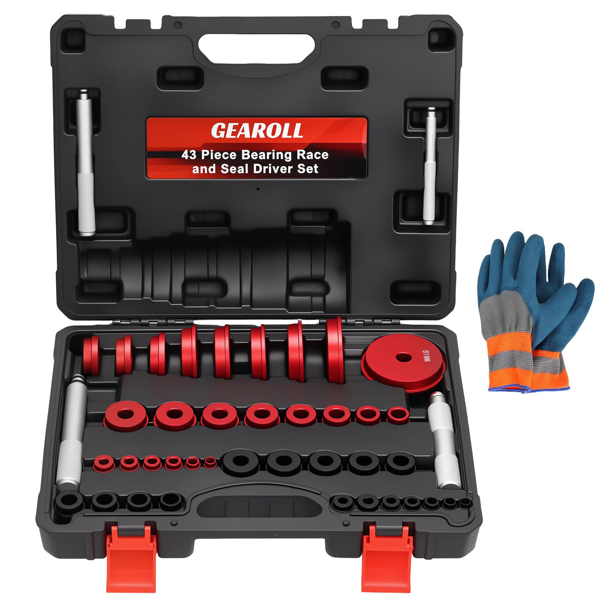 GEAROLL front view of full bearing press kit showing organized components and case benefits