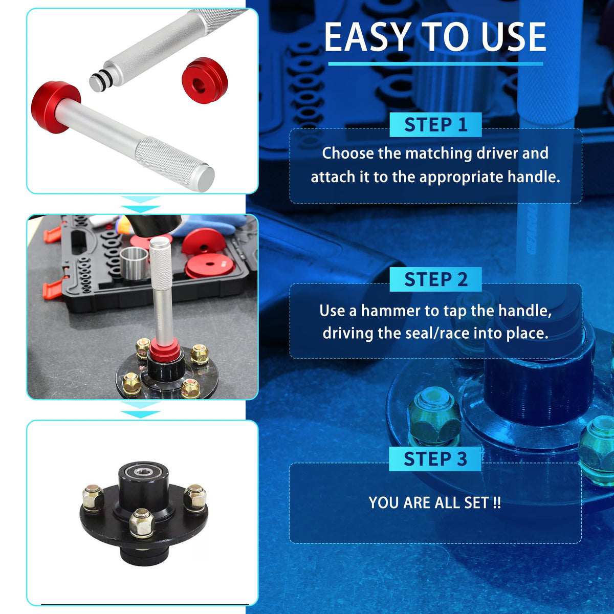 GEAROLL tool in use driving a bearing race into a hub to demonstrate controlled installation