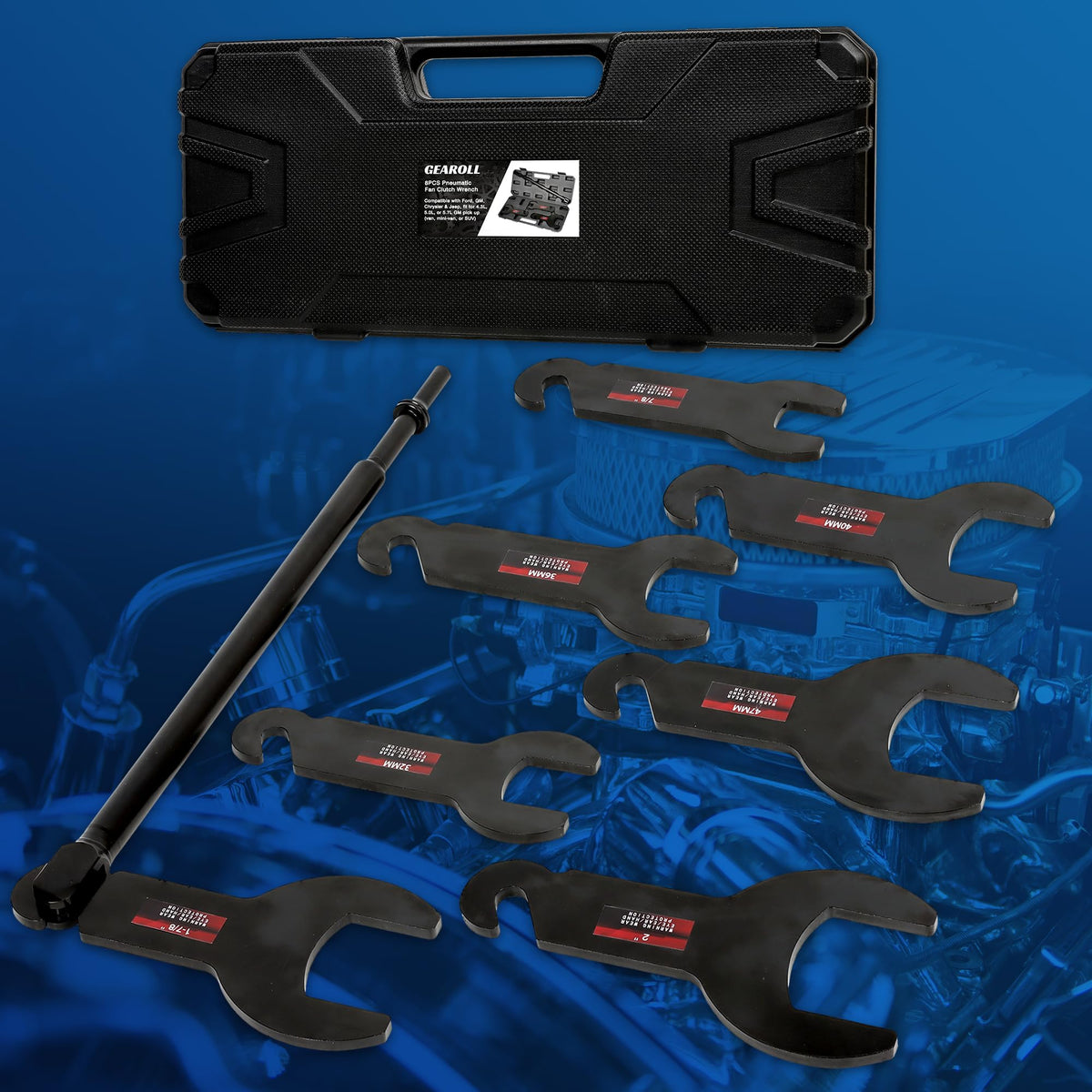 GEAROLL wrenches beside a ruler showing included sizes for correct fit