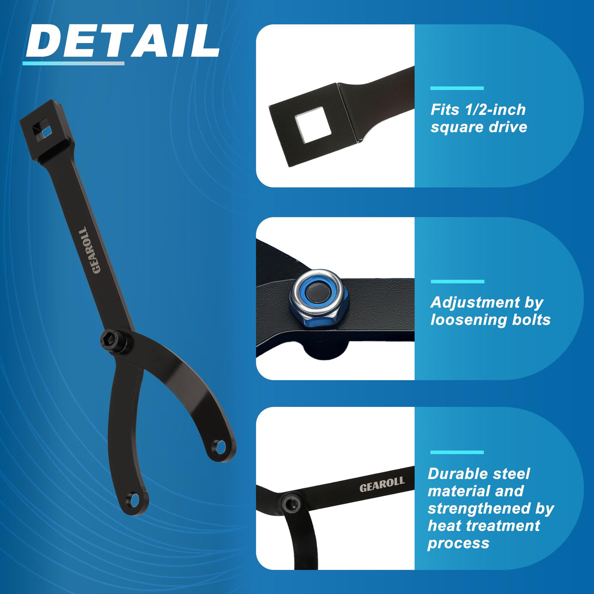 GEAROLL thin spanner close-up showing narrow profile for tight-clearance pulley access