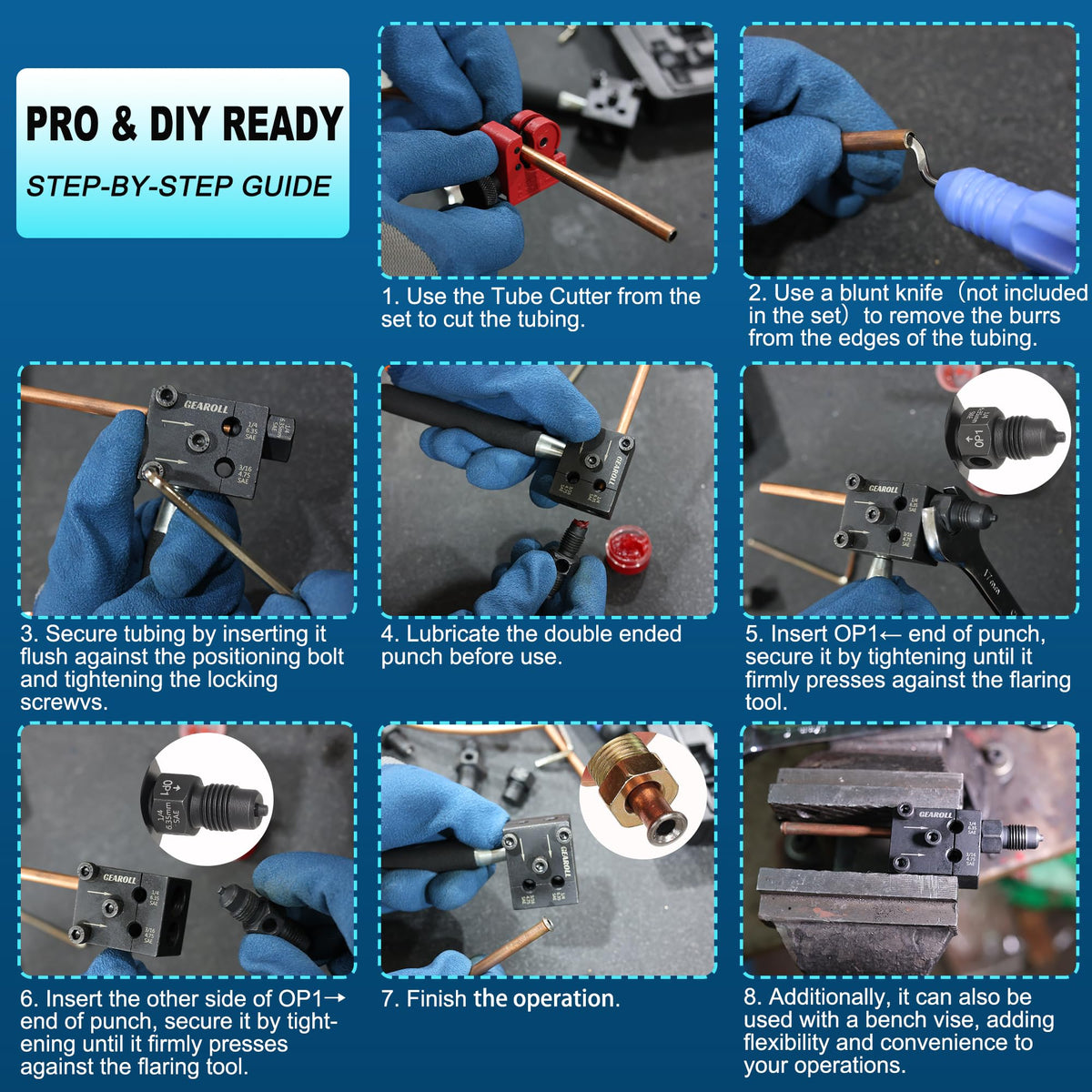 GEAROLL tool in use on brake line illustrating proper flare formation benefit