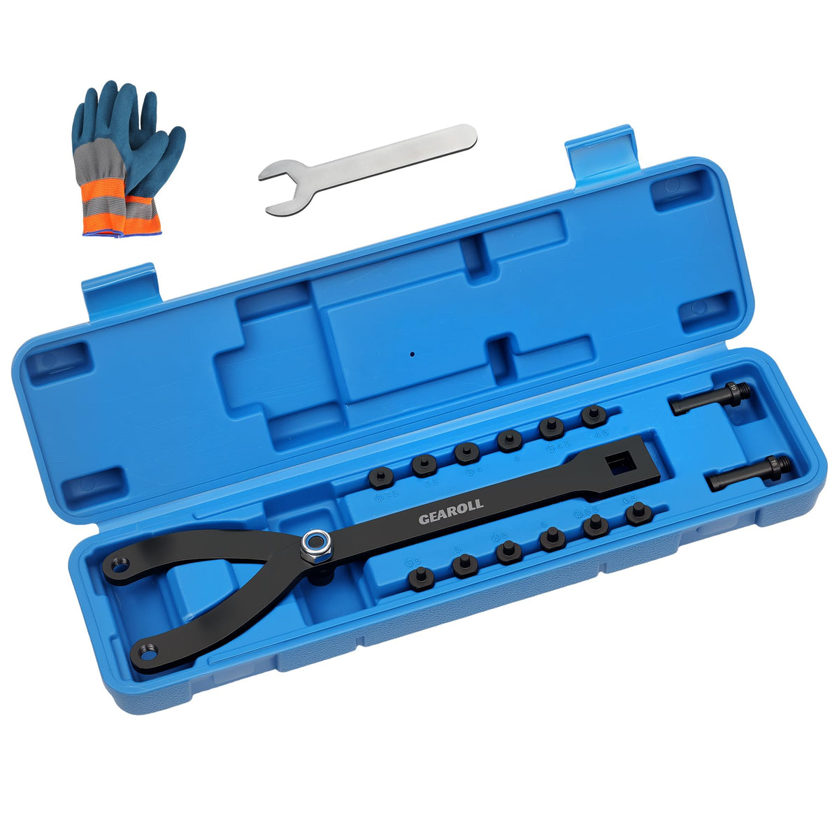 GEAROLL adjustable pin spanner front view showing durable steel and drive socket for long life