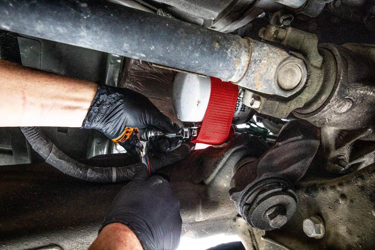 GEARWRENCH removing truck oil filter showing easier high-torque removal