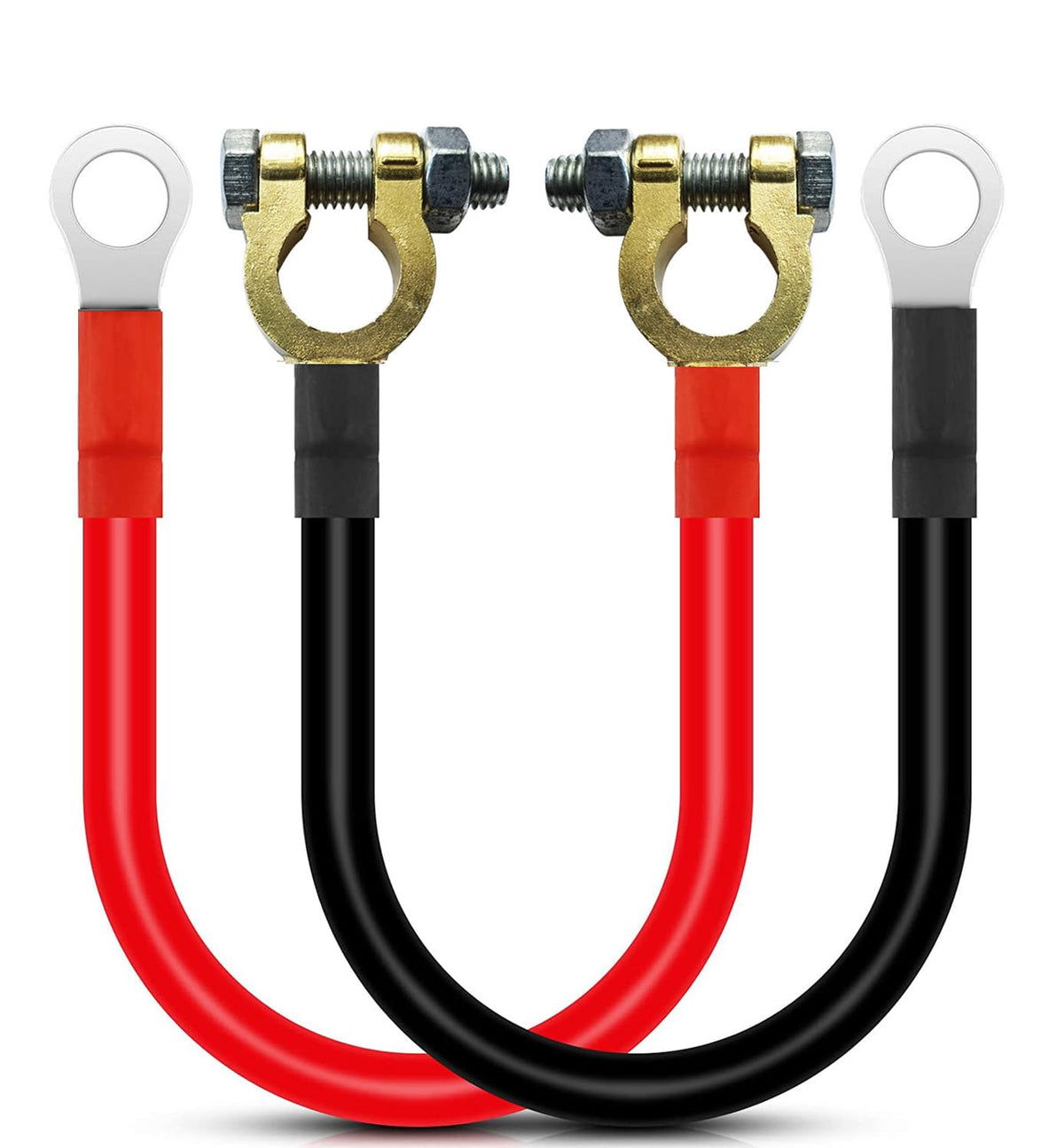 Gebildet front view of red and black battery cables showing compact set and clear polarity