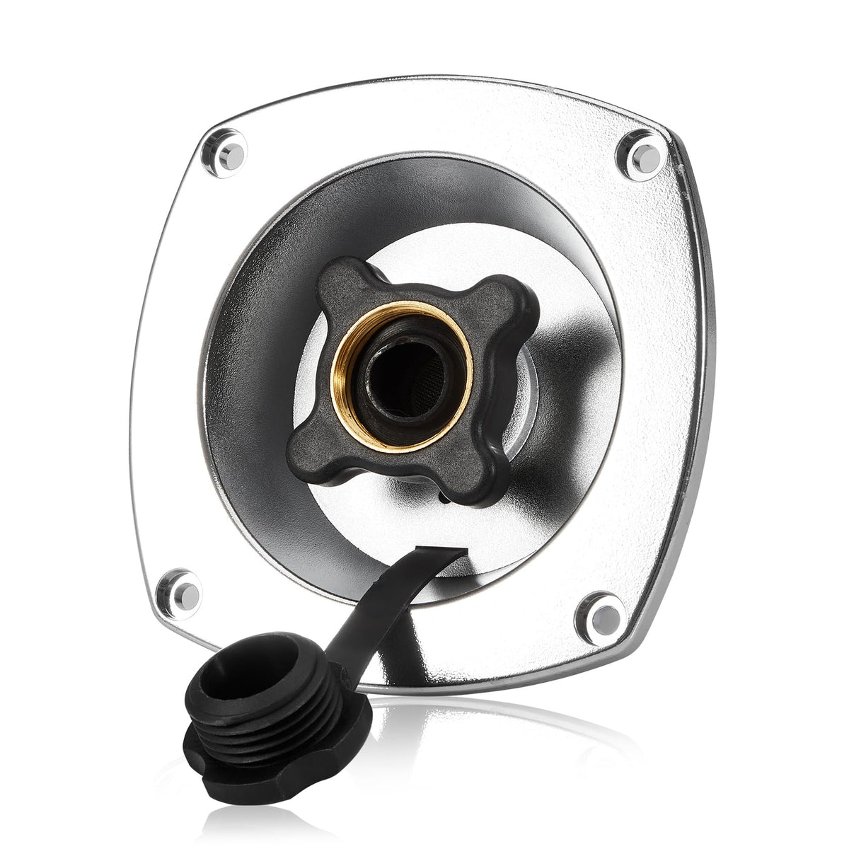Gedlex chrome inlet front view showing threads and easy hookup benefit