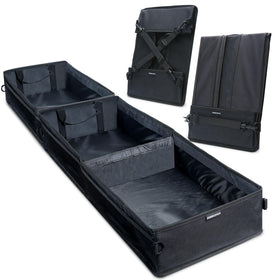 GEEDAR front view of underseat organizer showing three compartments and tidy storage benefit