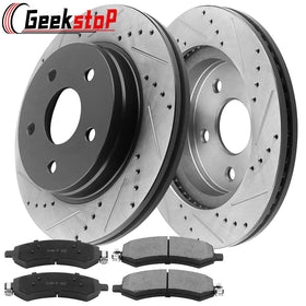 Geekstop drilled and slotted rotor closeup highlighting cooling channels for improved fade resistance