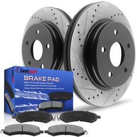 Geekstop front brake kit packaging showing complete rotor and pad set benefit: ready-to-install
