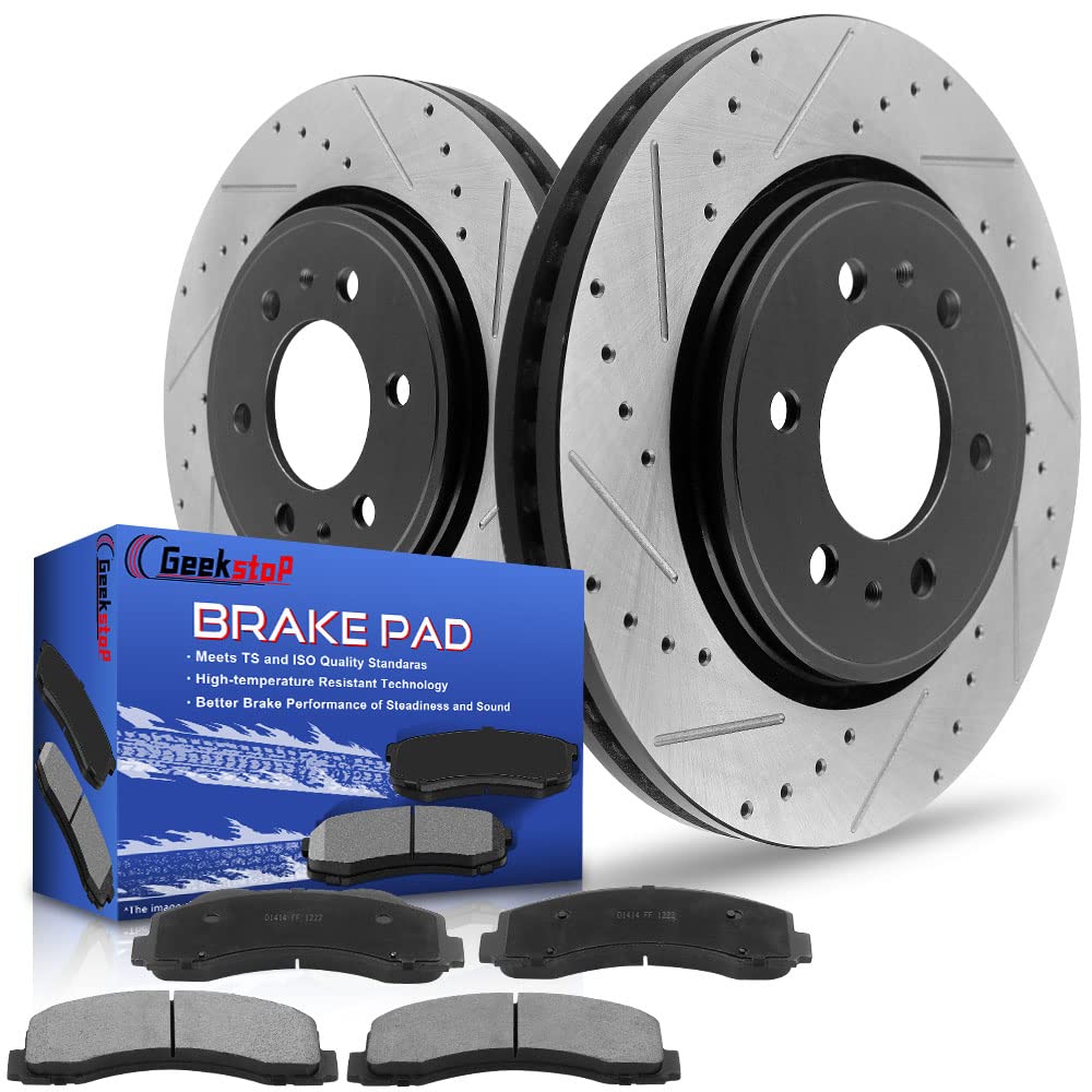 Geekstop front kit packaging showing complete rotor and pad set and easy identification