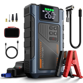 Geeneu jump starter front view showing accessories and compact design benefit