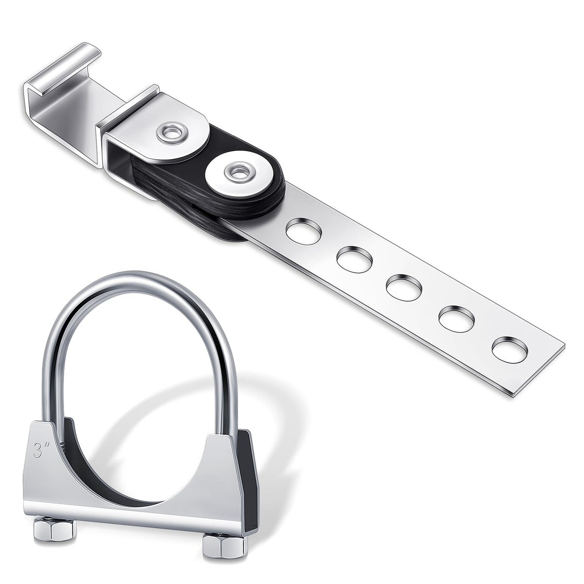 Geetery exhaust hanger front view showing silver finish and robust support