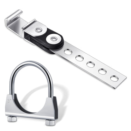 Geetery exhaust hanger front view showing silver finish and robust support