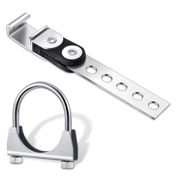 Geetery exhaust hanger front view showing silver finish and robust support