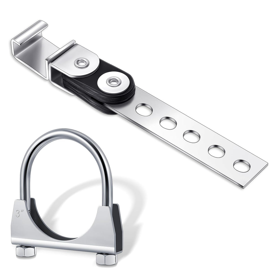 Geetery exhaust hanger front view showing silver finish and robust support