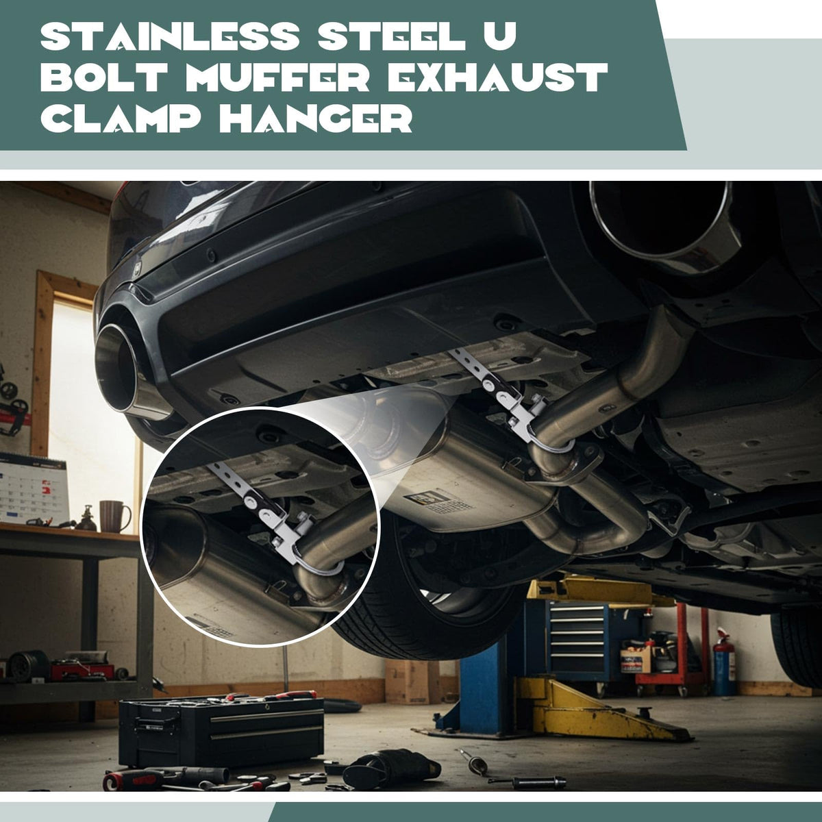 Geetery hanger installed on tailpipe demonstrating secure, quiet support