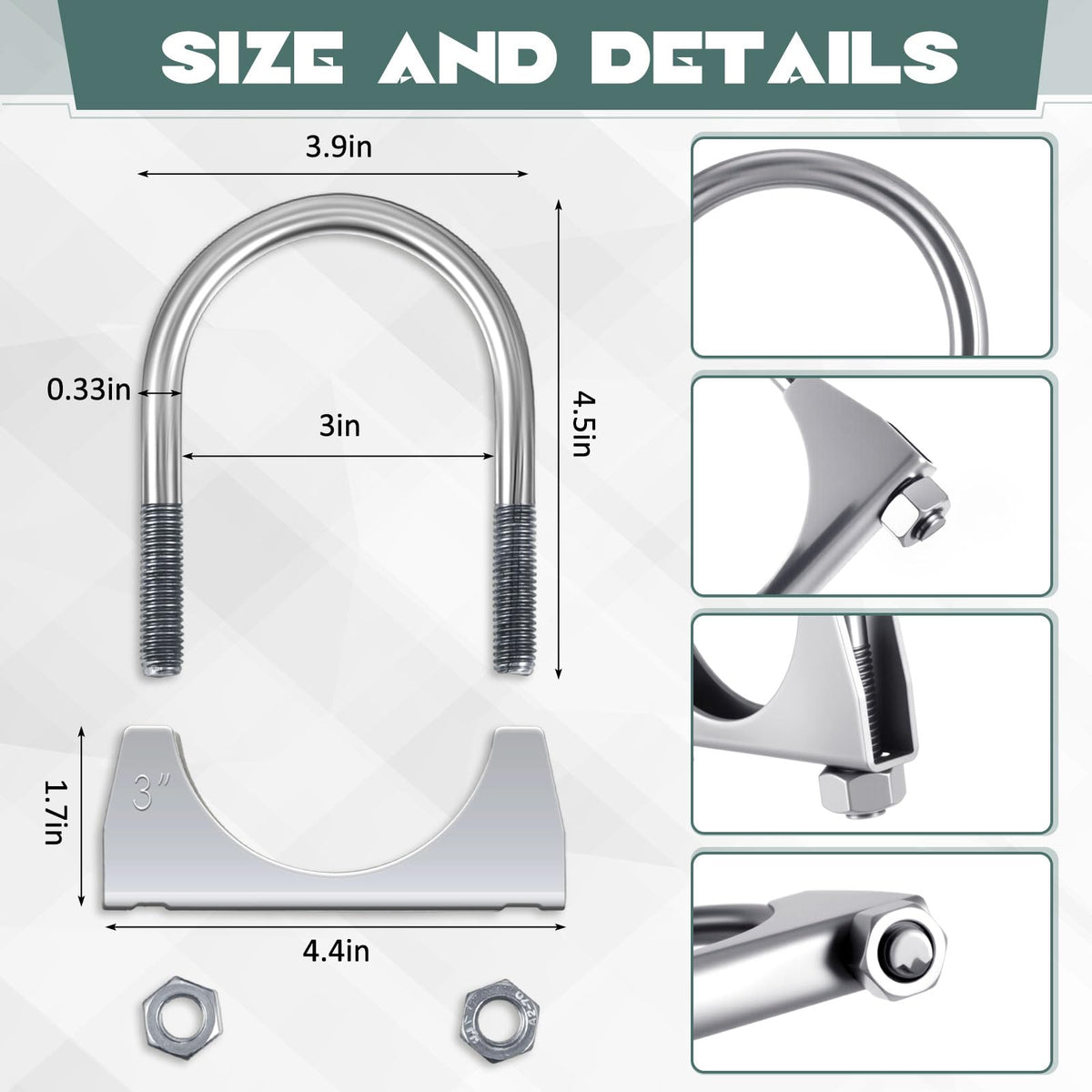 Geetery U-bolt clamp and hardware ready for secure muffler attachment