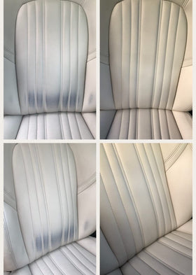 Geist cleaner applied to car seat demonstrating gentle effective cleaning