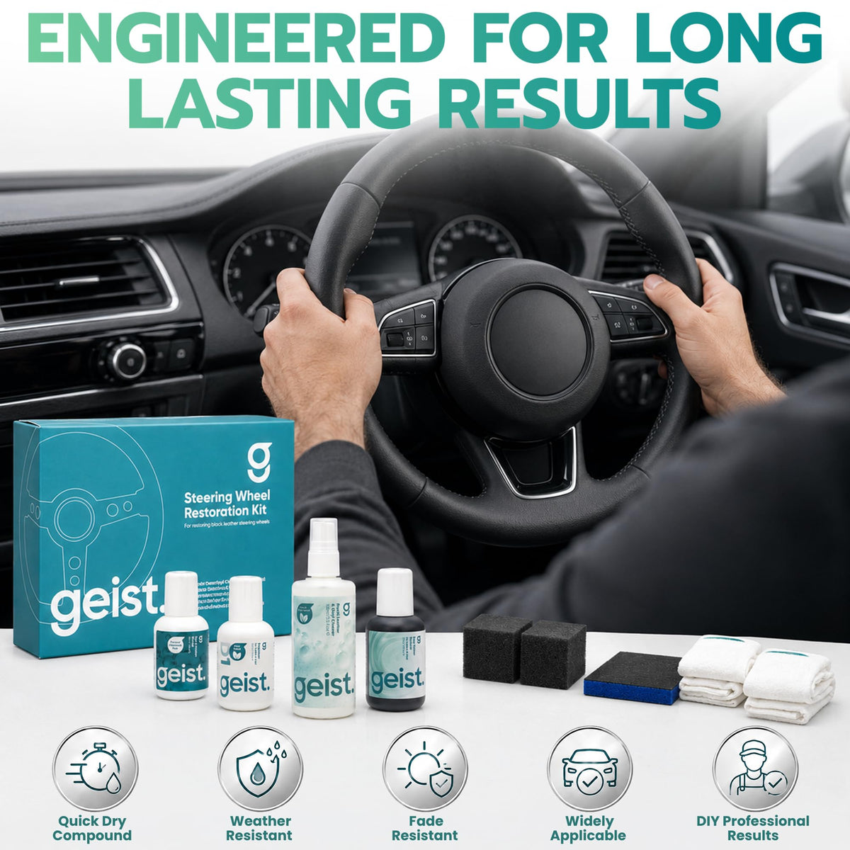 Geist dye and friction blocker bottle label showing protective benefits