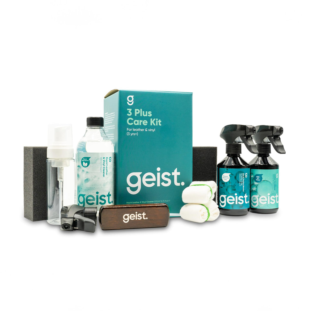 Geist front packaging showing full three-product kit and benefits