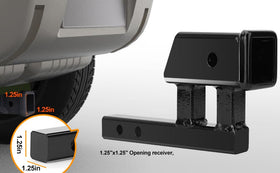 Geksion adapter installed in vehicle receiver, raises and levels accessory safely