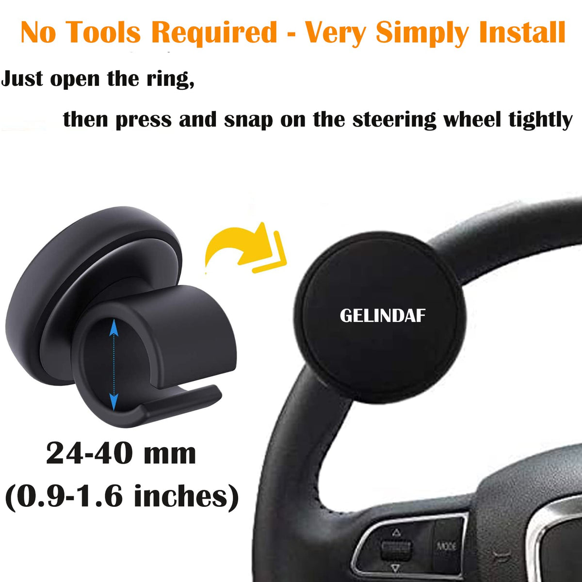 GELINDAF beside ruler showing scale and fit for steering wheels 24–40 mm