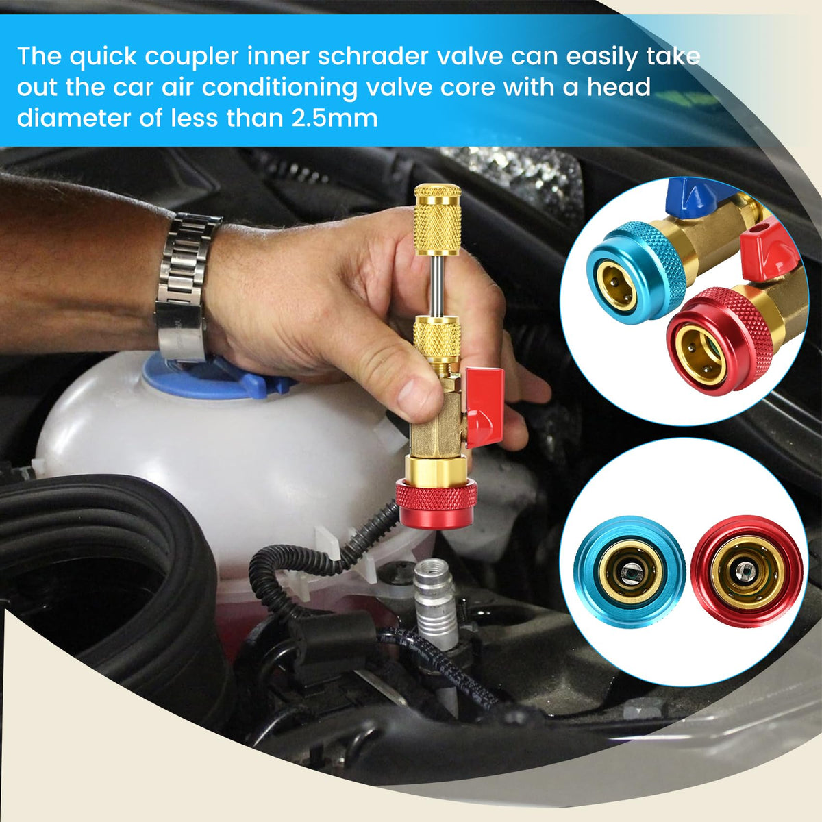 GELRIUNY tool in use on a vehicle AC port reducing refrigerant loss