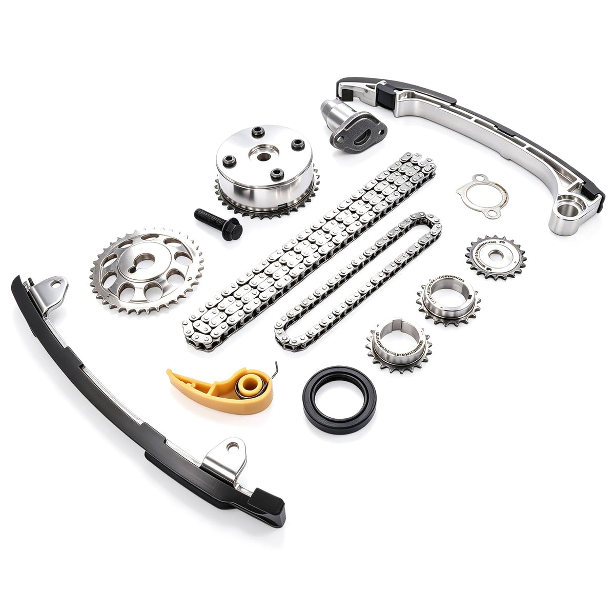 GELUOXI timing and oil-pump chains with sprockets laid out for full replacement clarity