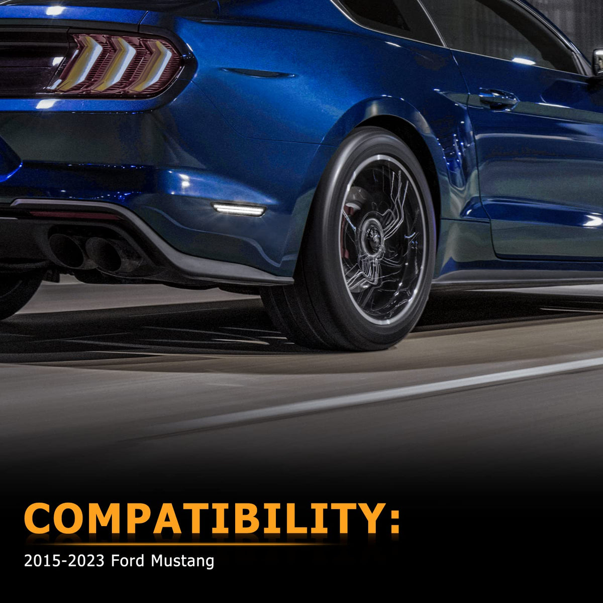 Gempro illuminated at night on a Mustang rear, enhances nighttime side visibility