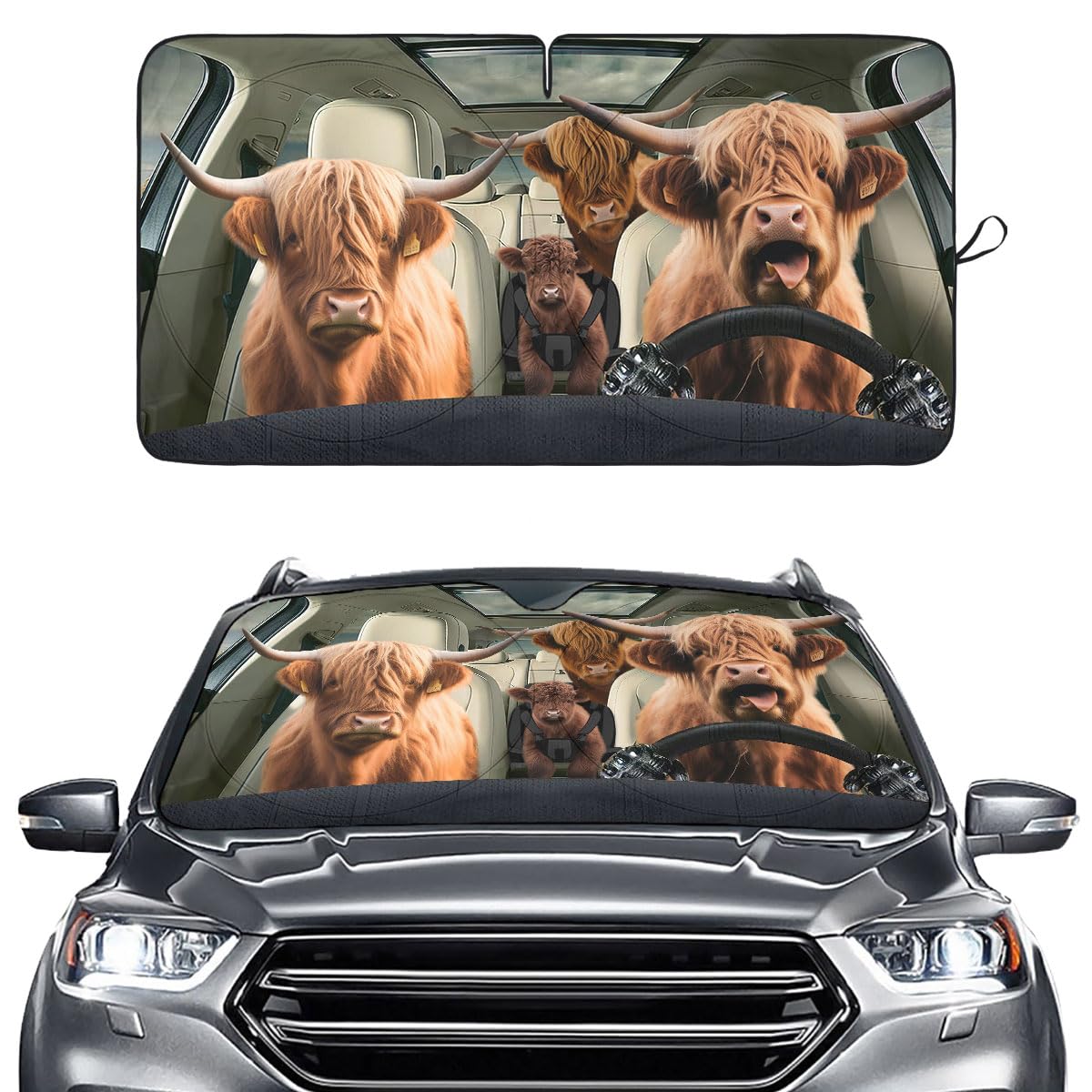 GENANY front view of highland cow shade showing fun design and sun protection benefit