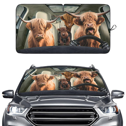 GENANY front view of highland cow shade showing fun design and sun protection benefit