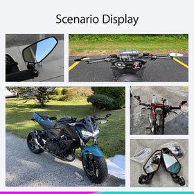 Generic mirror on a motorcycle in urban setting showing improved situational awareness