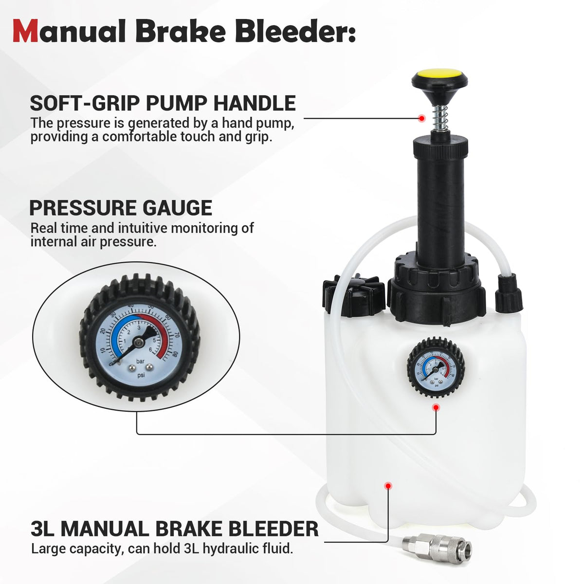 Generic brake bleeder connected to a vehicle reservoir in use, Generic brand simplifies bleeding
