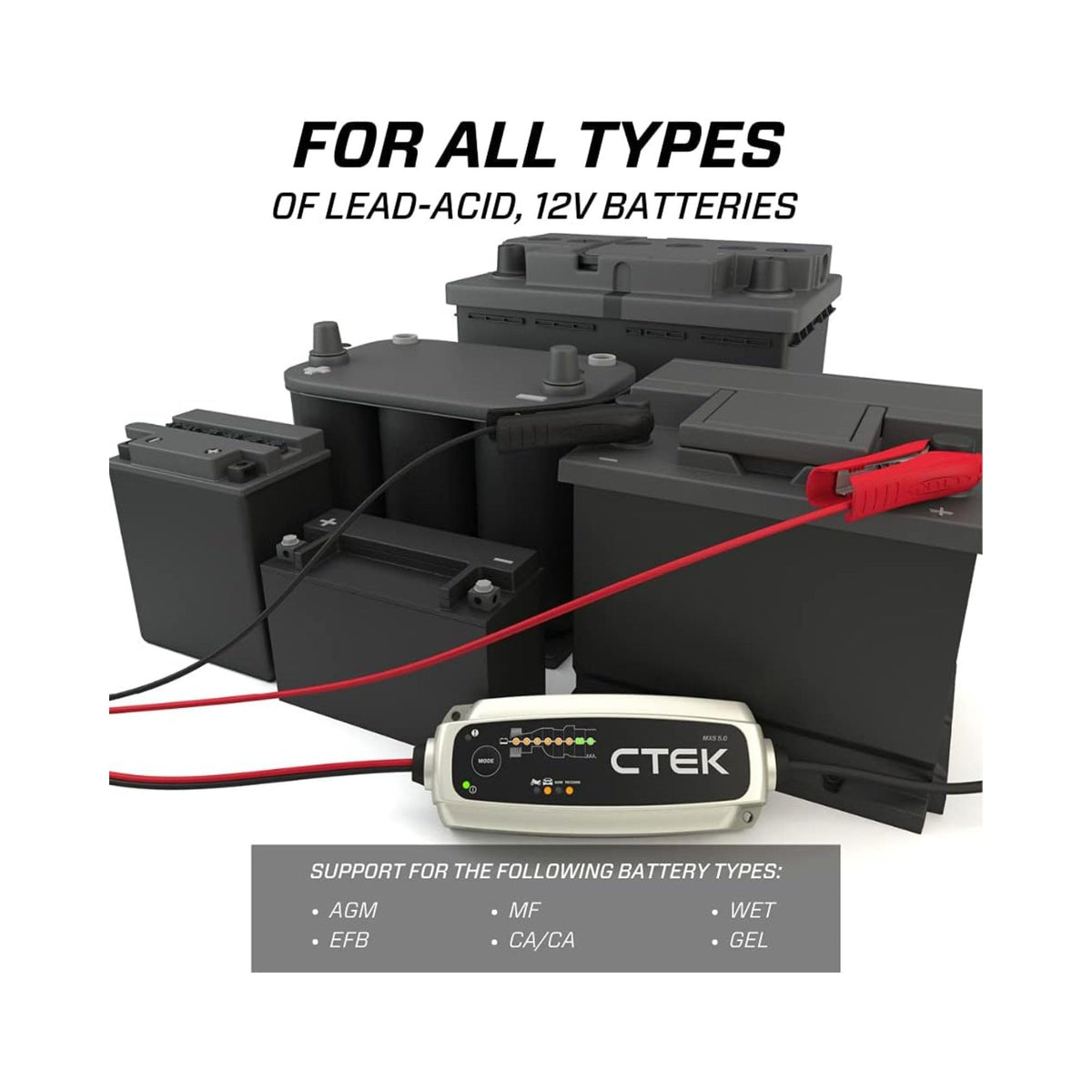 Generic C-Tek MXS 5.0 beside a ruler showing compact size for space-saving benefit