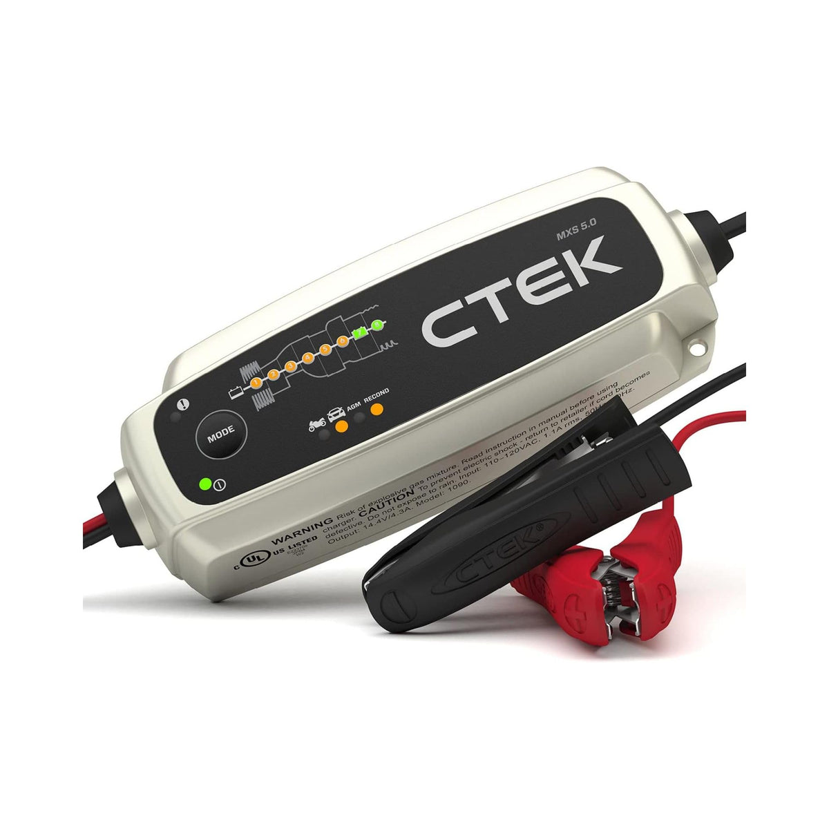 Generic C-Tek MXS 5.0 front view showing compact charger and ports for easy storage benefit