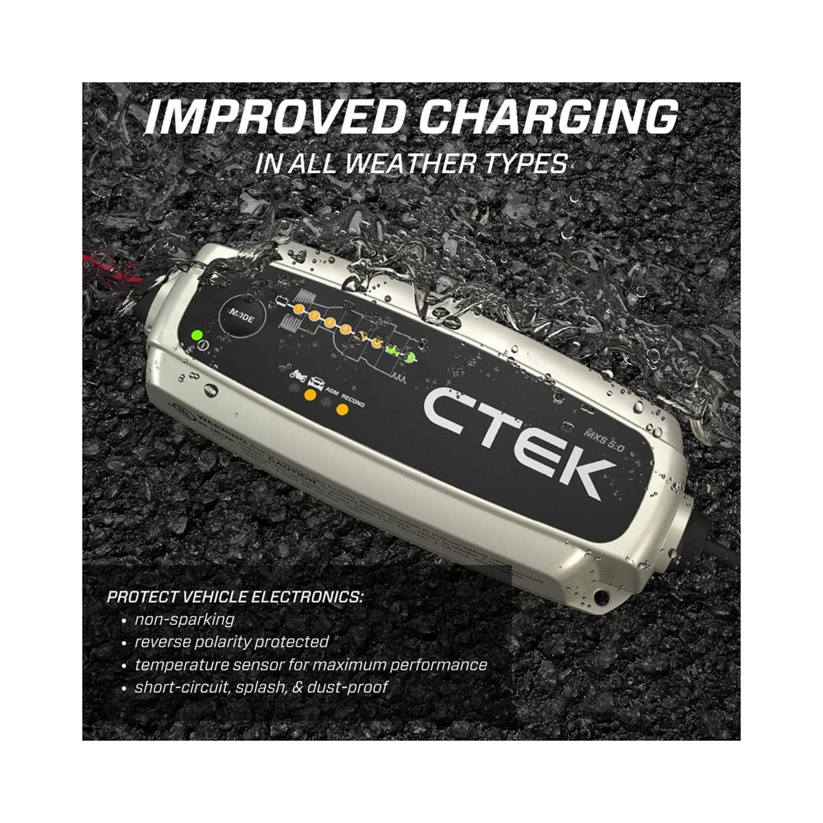 Generic C-Tek MXS 5.0 connected to a car battery demonstrating safe maintenance benefit